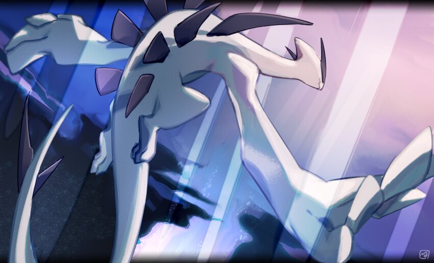 absurdres closed_eyes closed_mouth commentary creatures_(company) flying from_side game_freak gen_2_pokemon highres legendary_pokemon letterboxed lugia nigiri_(ngr24) nintendo no_humans pokemon pokemon_(creature) signature solo toes
