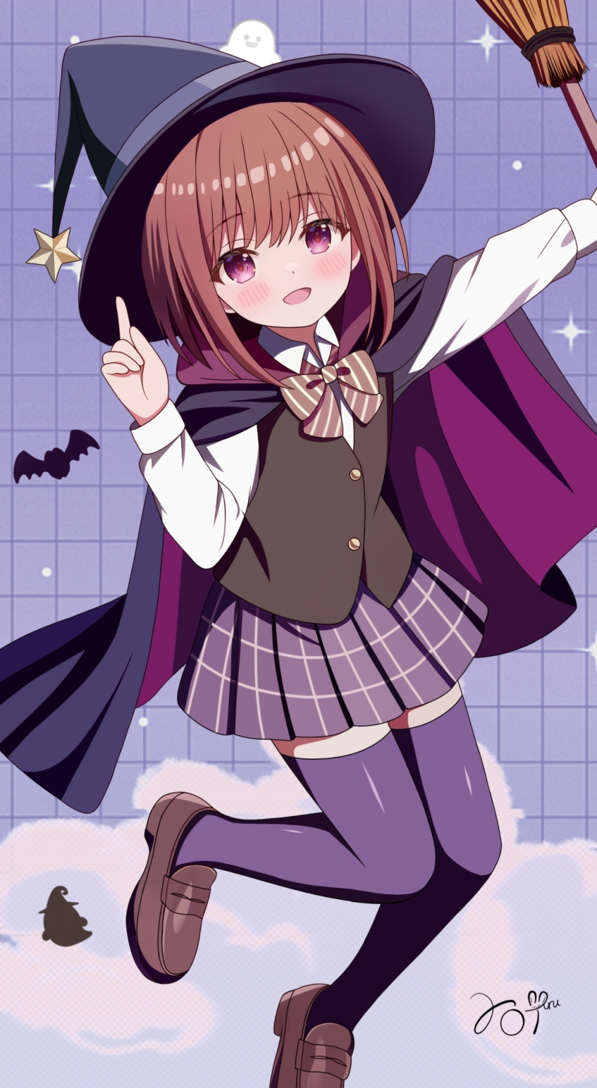 1girl :d black_hat blush bow bowtie broom brown_bow brown_bowtie brown_hair brown_shoes brown_vest buttons cape collared_shirt commentary_request dot_nose full_body grid_background halloween hand_up hat highres holding holding_broom loafers long_sleeves looking_at_viewer open_mouth original pleated_skirt purple_background purple_cape purple_skirt purple_thighhighs red_eyes school_uniform shirt shoes short_hair signature skirt smile solo sparkle striped_bow striped_bowtie striped_clothes thighhighs uru_aoi23 vest white_shirt witch_hat zettai_ryouiki