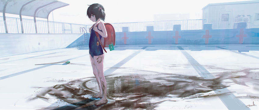 1girl absurdres ahoge backpack bag barefoot blue_one-piece_swimsuit blue_school_swimsuit broom brown_hair chromatic_aberration crime_prevention_buzzer dirty dirty_face dirty_feet door empty_pool expressionless female_focus fence from_side green_eyes hair_ornament hair_tie handprint highres holding_strap looking_to_the_side mud old_school_swimsuit one-piece_swimsuit original pool pool_ladder puddle railing randoseru red_scrunchie reoen scenery school_swimsuit scrunchie short_hair signature solo standing swimsuit twintails