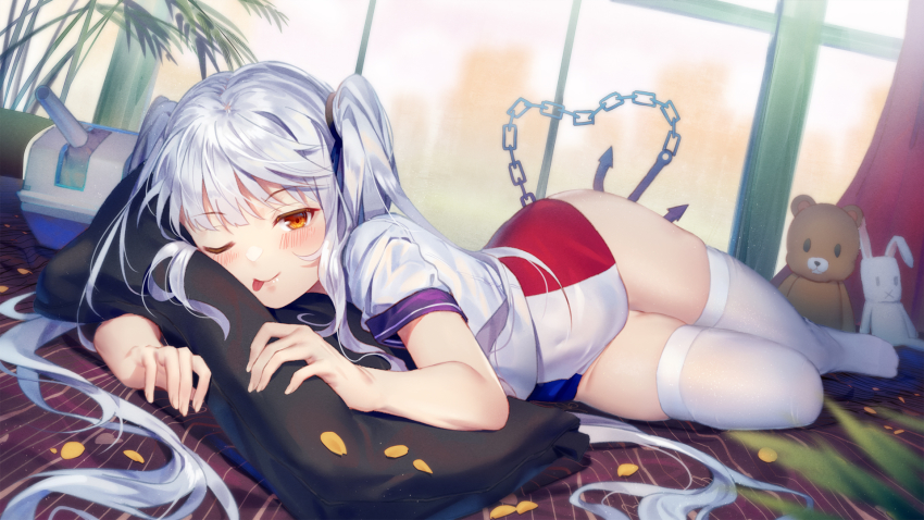1girl cannon female_focus french_flag french_flag_swimsuit hair_ornament headgear highres indoors ji_dao_ji le_fantasque_(warship_girls_r) lying multicolored_swimsuit on_side one-piece_swimsuit one_eye_closed ship_turret solo stuffed_animal stuffed_rabbit stuffed_toy swimsuit swimsuit_under_clothes thighhighs tongue tongue_out twintails warship_girls_r white_hair white_thighhighs yellow_eyes