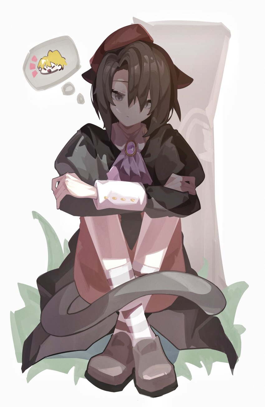 1boy :/ absurdres animal_ears arm_support ascot beret black_hair cat_boy cat_ears cat_tail closed_mouth coat collar crossed_arms facing_viewer grass grey_eyes hair_between_eyes haobuguniao hat highres horizontal-striped_socks juliet_sleeves kanon_(umineko) kemonomimi_mode knees_apart_feet_together long_sleeves looking_down multicolored_socks on_grass outdoors pants parted_bangs puffy_sleeves purple_ascot red_hat red_pants shadow shirt short_hair sitting socks solo speech_bubble striped_clothes striped_socks tail tailcoat thinking thought_bubble tree umineko_no_naku_koro_ni ushiromiya_jessica white_background white_collar