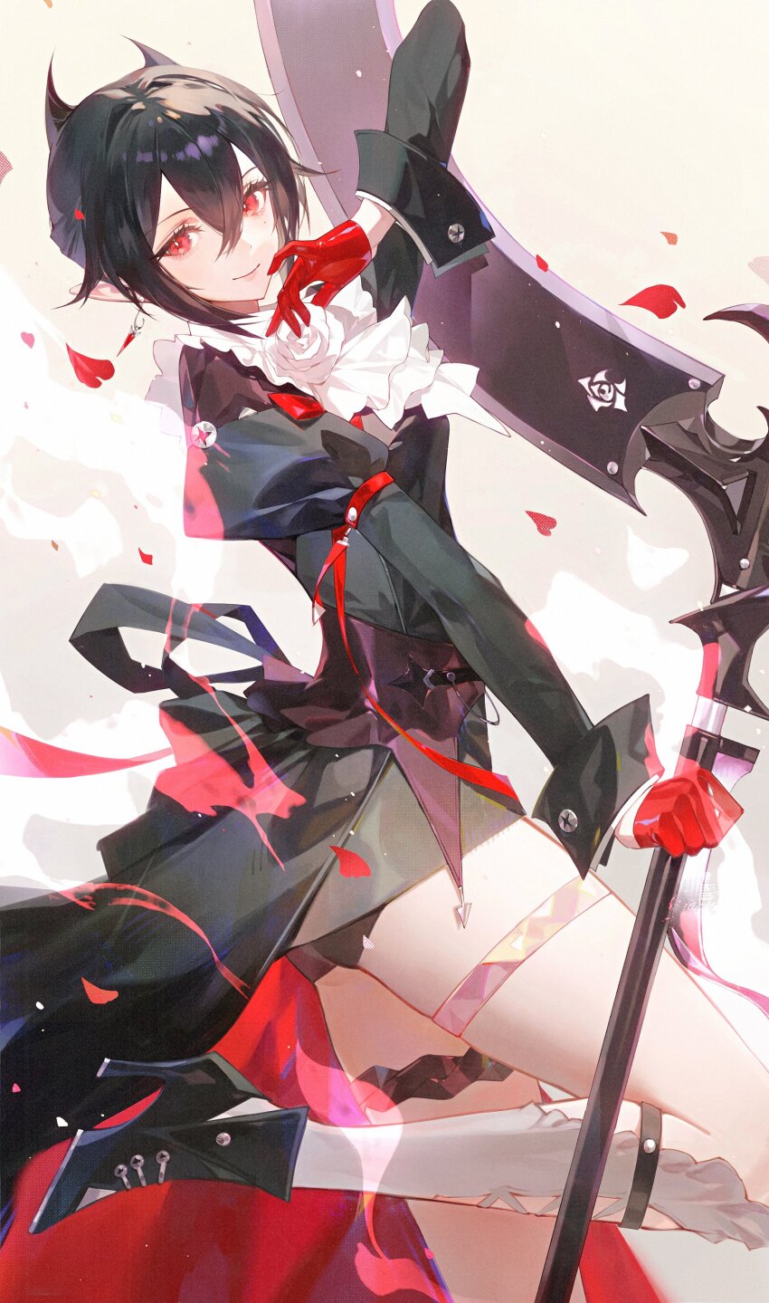 1girl absurdres arknights arm_up ascot black_coat black_dress black_hair black_shoes black_shorts chinese_commentary closed_mouth coat commentary_request dress earrings entelechia_(arknights) flower from_side gloves grey_background heart high_heels highres holding holding_scythe holding_weapon horns jewelry juliet_sleeves kneehighs leg_up long_sleeves looking_at_viewer looking_to_the_side petals pointy_ears puffy_sleeves red_eyes red_gloves rose scythe shachang shoes short_hair shorts simple_background smile socks solo standing standing_on_one_leg tailcoat thigh_strap thighlet weapon white_ascot white_flower white_rose white_socks