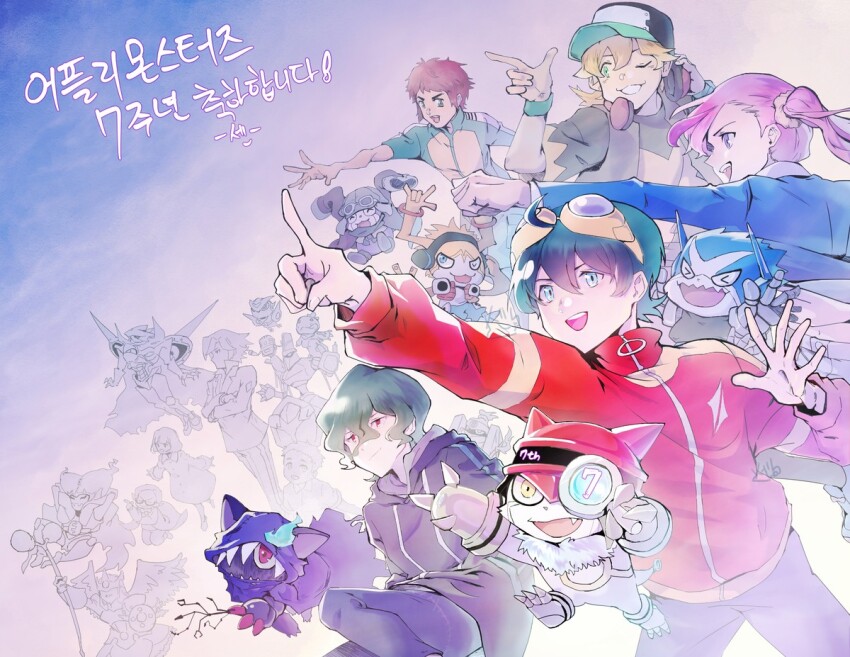 1girl 4boys appmon asuka_torajirou beautymon biomon charismon digimon digimon_universe:_appli_monsters dokamon fakemon_(appmon) gatchmon gloves hackmon_(appmon) hat helmet hood karan_eri kashiki_ai katsura_hajime katsura_rei metal_gloves multiple_boys musimon navimon_(appmon) offmon ozora_yujin perorimon protecmon recomon shinkai_haru unryuji_knight