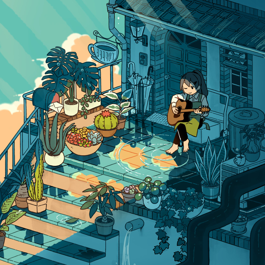 1girl absurdres album_cover apron barefoot black_pants brown_hair cactus canalbooks1125 closed_mouth closed_umbrella cloud collared_shirt cover crossed_legs cup door doorbell drainpipe envelope flower flower_pot green_apron guitar hair_ornament hairclip high_ponytail highres holding holding_guitar holding_instrument instrument leaf light_rays long_hair long_sleeves mailbox_(incoming_mail) mug music no_sclera one_eye_closed original outdoors pants plant platform_truck playing_instrument ponytail potted_plant railing red_flower ribbon second-party_source shirt sign sitting smile solo stairs sunlight tile_floor tiles trash_can umbrella umbrella_stand white_shirt wide_shot window