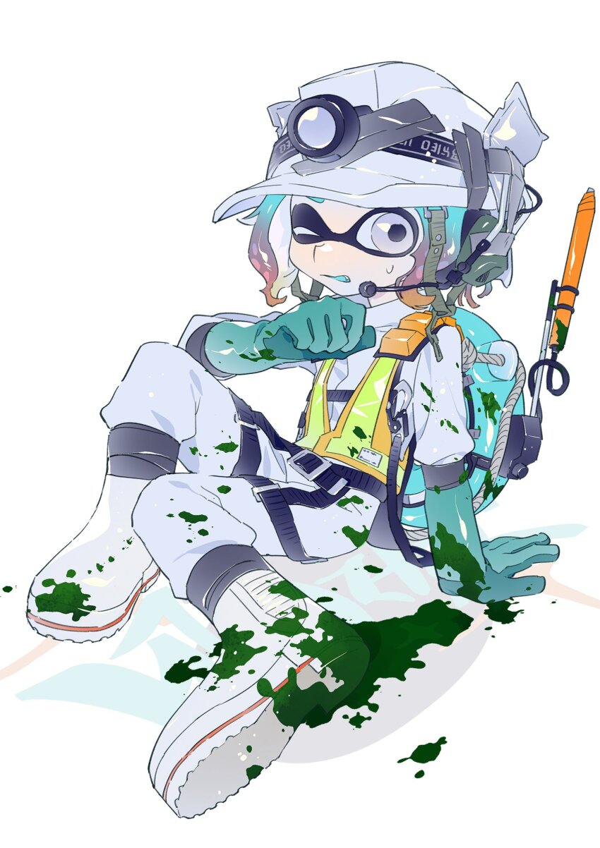 1girl blonde_hair blue_eyes blue_hair blue_tongue boots chinese_commentary colored_tongue commentary_request duct_tape fang full_body gloves gradient_hair green_gloves headlamp headset helmet high-visibility_clothing high-visibility_vest highres himiko0025 inkling inkling_girl inkling_player_character invisible_chair jumpsuit lifebuoy long_sleeves mining_helmet multicolored_hair nintendo one_eye_closed open_mouth paint_splatter purple_hair rubber_boots rubber_gloves salmon_run_(splatoon) short_hair sitting solo splatoon_(series) splatoon_3 swim_ring tentacle_hair white_boots white_helmet white_jumpsuit