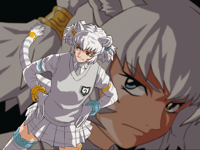 1girl animal_ears animal_print blue_eyes byakko_(kemono_friends) extra_ears gloves grey_hair gundam gundam_wing heterochromia japari_symbol kemono_friends looking_at_viewer necktie parody shirt short_hair skirt solo sweater_vest tail thighhighs tiger_ears tiger_girl tiger_print tiger_tail tj_minako yellow_eyes