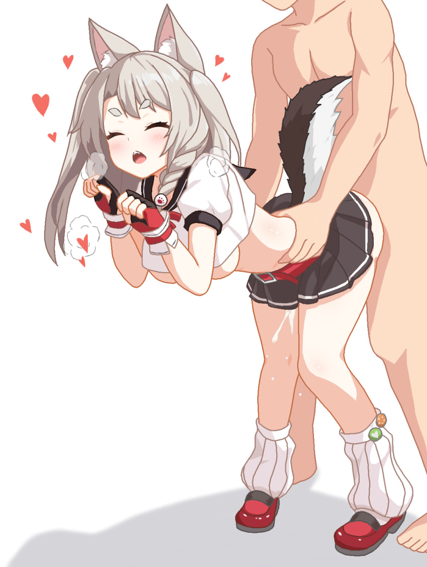 animal_ears azur_lane braid breasts closed_eyes clothed_sex crop_top cum cum_in_pussy cum_overflow cumdrip dog_ears dog_girl dog_tail doggystyle fingerless_gloves gloves grabbing_from_behind grey_hair heart highres loose_socks medium_breasts open_mouth pleated_skirt sailor_collar sbeve2004 sex sex_from_behind shirt skirt socks tail tongue torso_grab underboob vaginal white_shirt yuudachi_(azur_lane)