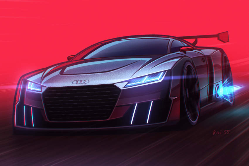 artist_name audi audi_tt blue_fire car fire glowing kai55 light_trail motion_blur motor_vehicle no_humans original red_background road spoiler_(automobile) vehicle_focus