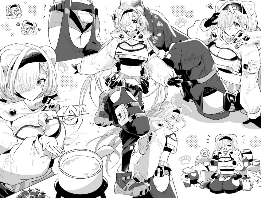 1girl :d ? animal_ears arknights ass aurora_(arknights) bandaid bandaid_on_head bear_ears bear_girl bear_tail belt_pouch breasts candy cherry_tomato cleavage cleavage_cutout closed_eyes clothing_cutout cooking_pot crop_top crossed_bandaids fondue_au_fromage food fork full_body gloves hair_over_one_eye hairband holding holding_food holding_fork inset iwashi_80 jacket large_breasts lollipop long_sleeves midriff multiple_views navel notice_lines open_mouth paw_print paw_shoes pocky pouch shorts single_tear sitting smile standing standing_on_one_leg swirl swirl_lollipop tail thigh_pouch tomato upper_body wariza zipper