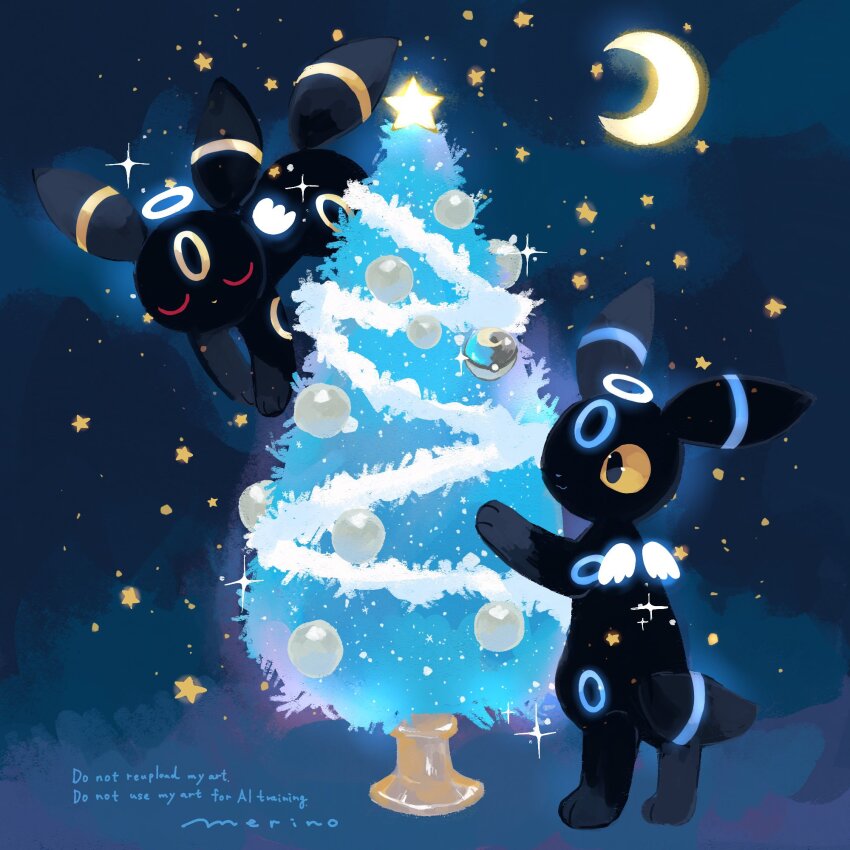alternate_color angel_wings black_eyes christmas christmas_ornaments christmas_tree closed_eyes colored_sclera commentary crescent gen_2_pokemon halo highres merino_(merino_9999) moon moon_ball nintendo no_humans poke_ball pokemon pokemon_(creature) shiny_pokemon smile star_(symbol) symbol-only_commentary umbreon wings yellow_sclera
