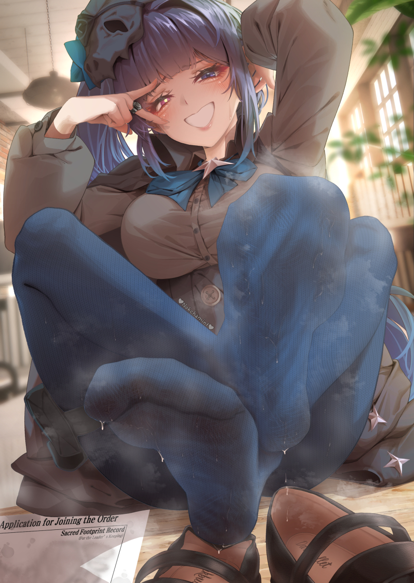 1girl absurdres black_hair blue_eyes blue_pantyhose blush feet foot_focus grin heterochromia highres long_hair looking_at_viewer nokchamint pantyhose red_eyes shoes side_ponytail smile soles steam steaming_body sweat sweatdrop trickcal unworn_shoes xion_(trickcal)