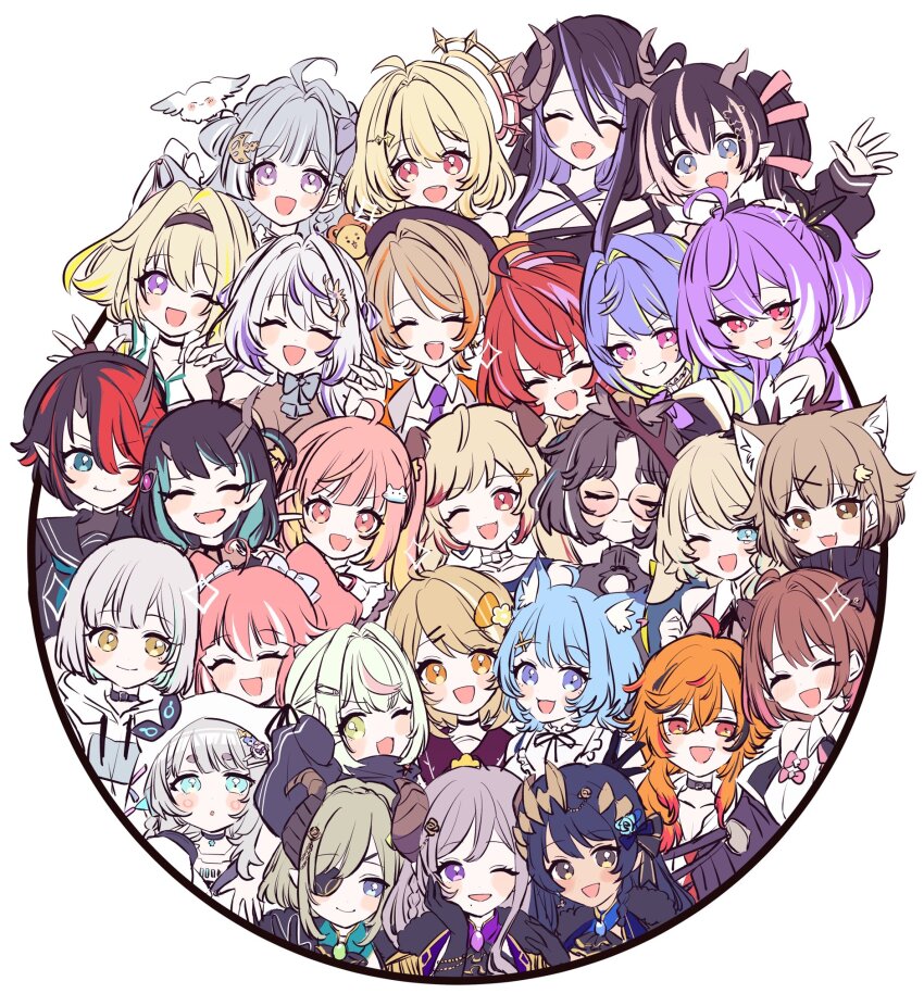 6+girls :d ahoge amaui and_uge animal_ear_fluff animal_ears antlers beret black_hair black_hairband black_hat blonde_hair blue_eyes blue_hair brown_hair brown_horns capybara_ears capybara_girl closed_eyes closed_mouth commentary_request curled_horns demon_girl demon_horns dog_ears dog_girl everyone fang glasses gradient_hair green_hair grey_hair grey_horns hair_between_eyes hair_intakes hair_ornament hair_ribbon hairband halo hat hebiyoi_tier hebiyoi_tier_(1st_costume) highres hinata_mashu hinokuma_ran hira_hikari horns ieiri_popo ieiri_popo_(1st_costume) inaba_haneru_(animare) kanade_kanon kazami_kuku kino_haruc kisaki_anko kohaku_yuri kohaku_yuri_(1st_costume) konan_mia_(3rd_costume) light_brown_hair long_bangs long_hair looking_at_viewer multicolored_hair multiple_girls nanashi_inc. oinomori_may oinomori_may_(1st_costume) one_eye_closed one_side_up open_mouth orange_eyes orange_hair oura_rukako oura_rukako_(2nd_costume) parted_bangs pink-tinted_eyewear pink_hair pink_ribbon pointy_ears purple_eyes purple_hair red_eyes red_hair ribbon round_eyewear ryugasaki_rene ryugasaki_rene_(3rd_costume) saionji_mary sekishiro_mico seshima_rui shimamura_charlotte shishio_chris shishio_chris_(3rd_costume) shisui_kiki shisui_kiki_(1st_costume) short_hair smile souya_ichika souya_ichika_(5th_costume) streaked_hair suzumi_nemo suzumi_nemo_(1st_costume) thick_eyebrows tinted_eyewear touri_sei touri_sei_(1st_costume) tsukinoki_tirol twintails two-tone_hair upper_body virtual_youtuber waving white_background white_hair x_hair_ornament yellow_eyes yellow_halo yunohara_izumi