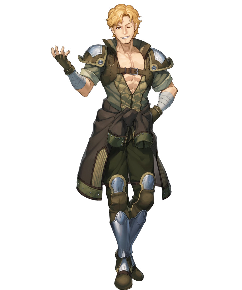 1boy abs bandaged_arm bandages blonde_hair brown_gloves dai-xt fingerless_gloves fire_emblem fire_emblem_echoes:_shadows_of_valentia fire_emblem_heroes gloves highres jesse_(fire_emblem) looking_at_viewer male_focus nintendo non-web_source official_art one_eye_closed parted_bangs pectoral_cleavage pectorals shoulder_pads solo tachi-e teeth wavy_hair