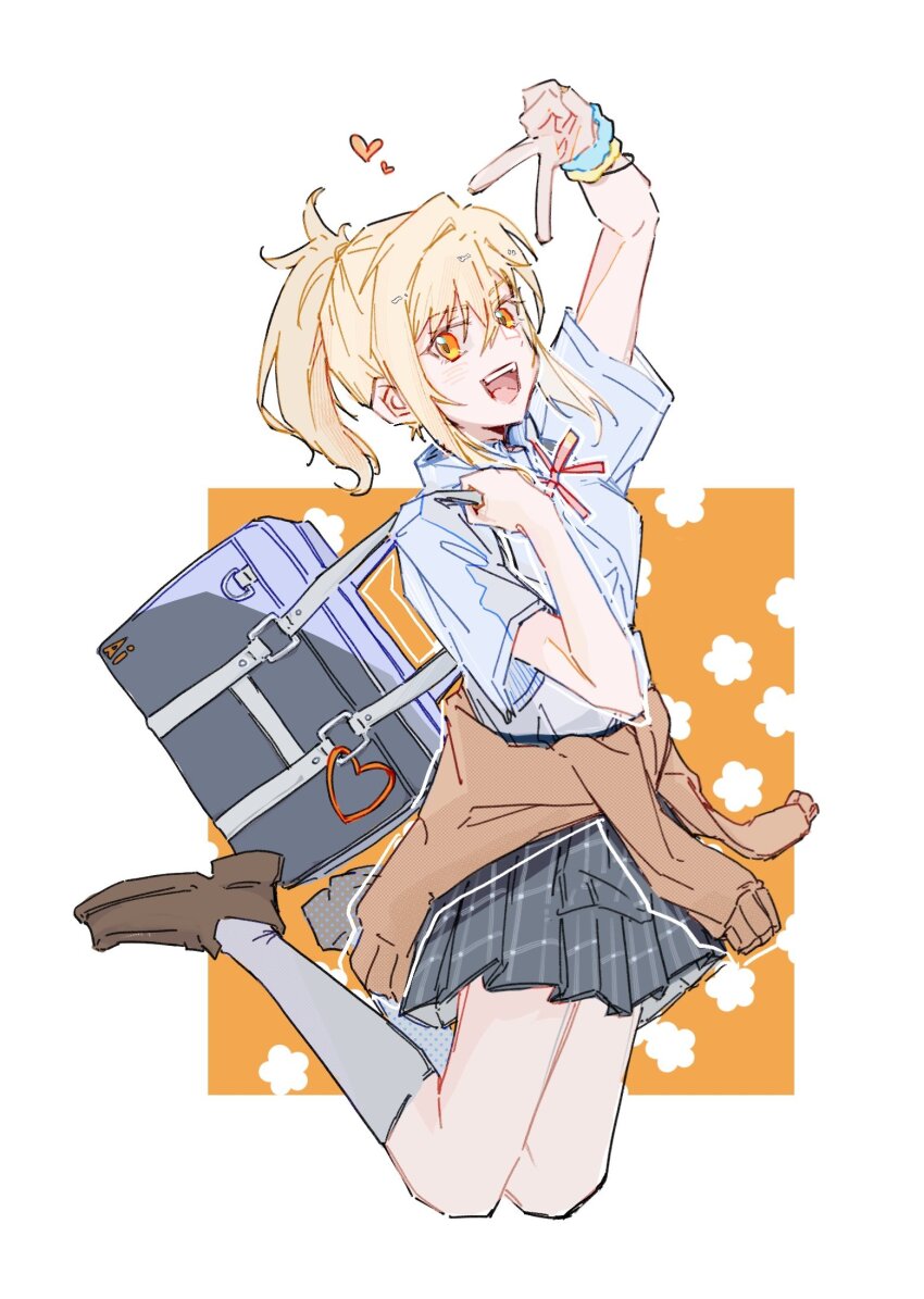 1girl :d b1geinu bag blonde_hair blue_shirt border brown_cardigan brown_shoes cardigan cardigan_around_waist clothes_around_waist collared_shirt commentary dress_shirt floral_background full_body grey_bag grey_skirt grey_socks gyaru hair_between_eyes hashtag-only_commentary heart highres holding_strap jumping kogal loafers long_sidelocks love_live! love_live!_nijigasaki_high_school_idol_club medium_hair miniskirt miyashita_ai neck_ribbon nijigasaki_school_uniform open_mouth orange_background orange_eyes outside_border pink_ribbon plaid_clothes plaid_skirt pleated_skirt ponytail ribbon school_bag school_uniform shirt shoes short_sleeves shoulder_bag sidelocks skirt smile socks solo summer_uniform v v_over_head white_border