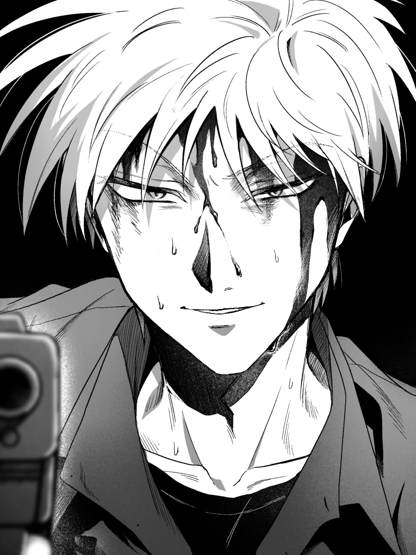 1boy aiming aiming_at_viewer akagi:_yami_ni_oritatta_tensai akagi_shigeru blood blood_on_face collared_shirt commentary_request fukumoto_mahjong greyscale gun handgun highres holding holding_gun holding_weapon looking_at_viewer male_focus monochrome niwatori_panda shirt short_hair simple_background smile solo upper_body weapon