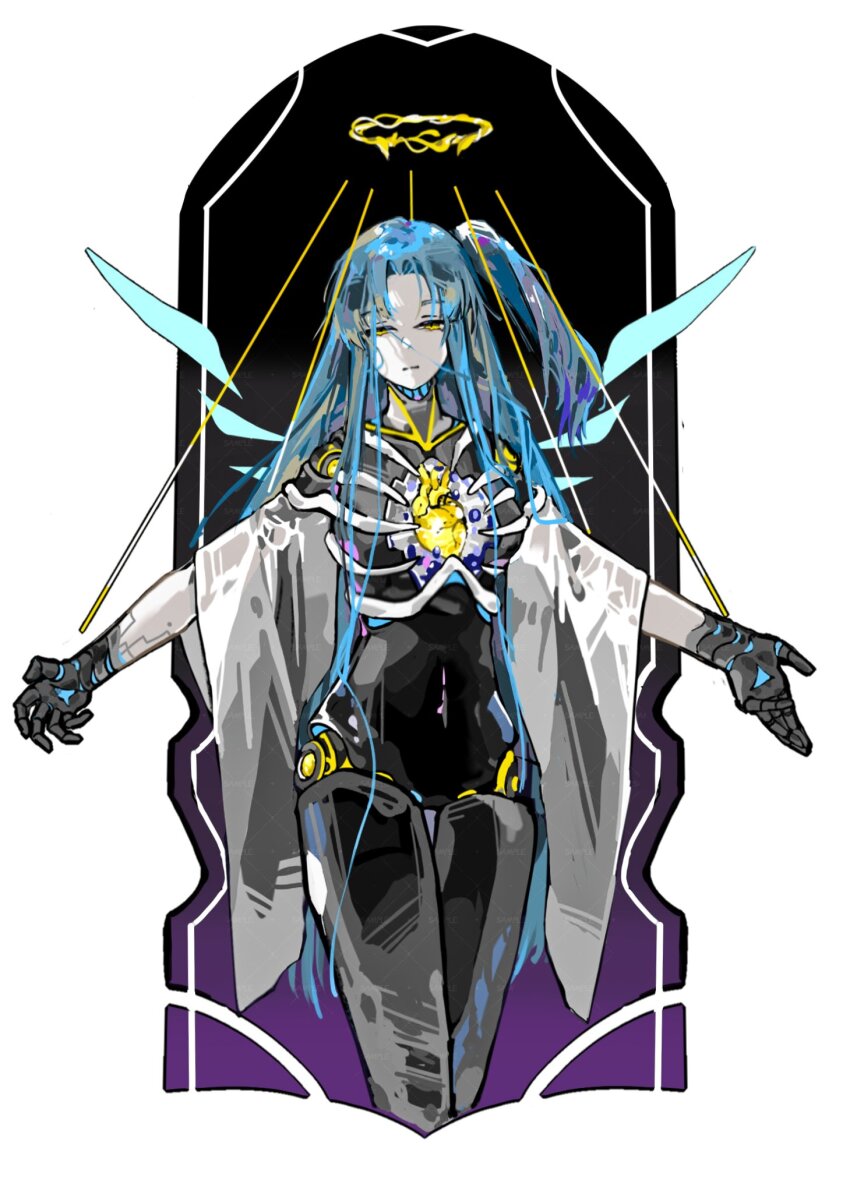 1girl :| angela_(project_moon) blue_hair blue_wings border cardigan claw_pose closed_mouth cowboy_shot curtained_hair halo heart_(organ) high_side_ponytail highres lobotomy_corporation looking_at_viewer mechanical_arms mechanical_legs off_shoulder ornate_border outstretched_arms project_moon puppet_strings ribs solo thigh_gap white_cardigan wings yellow_eyes zukichou