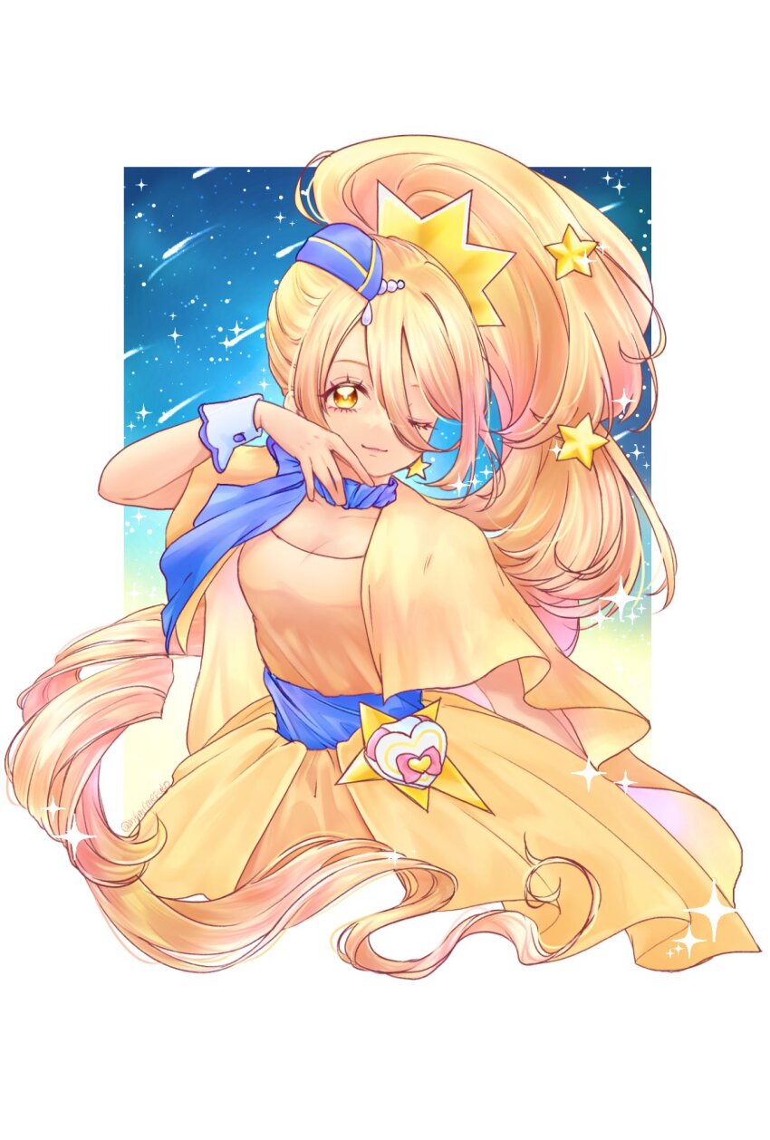 1girl blonde_hair blue_hat cure_etoile dress earrings garrison_cap hat highres hugtto!_precure jewelry kagayaki_homare long_hair magical_girl mepuko_(mfmfmepuko) one_eye_closed precure smile solo star_(symbol) star_earrings wrist_cuffs yellow_dress yellow_eyes