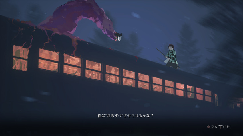 2boys black_pants blurry_edges brown_hair button_prompt checkered_haori colored_skin demon_slayer_uniform earrings enmu_(kimetsu_no_yaiba) fighting_stance haori holding holding_sword holding_weapon japanese_clothes jewelry kamado_tanjirou katana kimetsu_no_yaiba multiple_boys night pants samidare_(hoshi) sekiro:_shadows_die_twice subtitled sword tree user_interface weapon white_skin