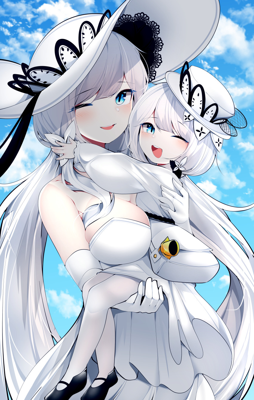 2girls absurdres azur_lane black_footwear blue_eyes blue_sky breasts cleavage dress elbow_gloves gloves hat highres illustrious_(azur_lane) lace-trimmed_headwear lace_trim large_breasts little_illustrious_(azur_lane) long_hair multiple_girls one_eye_closed open_mouth pantyhose samip shoes sky sun_hat very_long_hair white_bag white_dress white_gloves white_hair white_headwear white_legwear white_theme