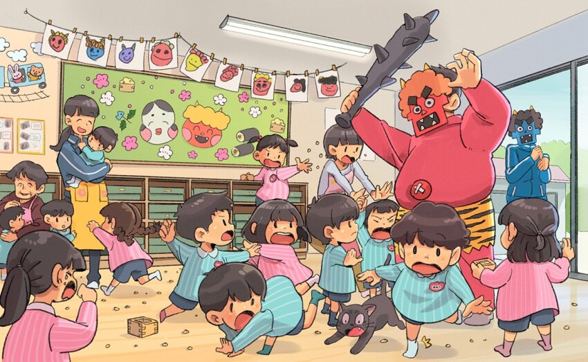 6+boys 6+girls animal apron blue_jacket braid cat ceiling_light child closed_eyes club club_(weapon) crying drawing_(object) food fujiwara_yoshito half_updo indoors jacket kindergarten kindergarten_uniform makizushi mask multiple_boys multiple_girls old old_woman oni_costume oni_mask open_mouth original running screaming setsubun short_twintails shorts socks solid_oval_eyes spiked_club sushi teacher twin_braids twintails v-shaped_eyebrows weapon