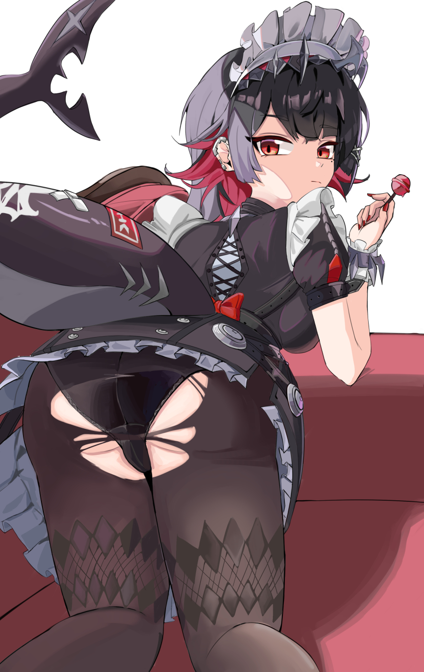 1girl absurdres ass black_dress black_hair black_panties black_pantyhose breasts candy commentary couch dress ellen_joe fins fish_tail food from_behind highres holding holding_candy holding_food holding_lollipop large_breasts lollipop looking_back luto maid maid_headdress multicolored_hair on_couch panties pantyhose red_eyes red_hair shark_girl shark_tail short_hair solo tail torn_clothes torn_pantyhose two-tone_hair underwear zenless_zone_zero