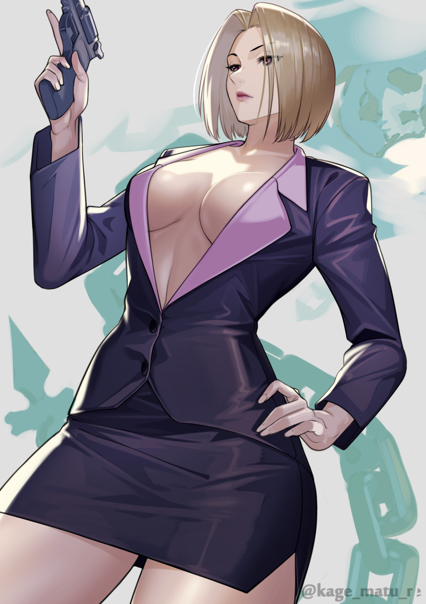 1girl absurdres black_jacket black_skirt blonde_hair breasts brown_eyes center_opening chain cleavage collarbone gun highres hunter_x_hunter jacket kagematsuri large_breasts long_sleeves miniskirt pakunoda parted_bangs pencil_skirt revision short_hair skeleton skirt solo thighs weapon