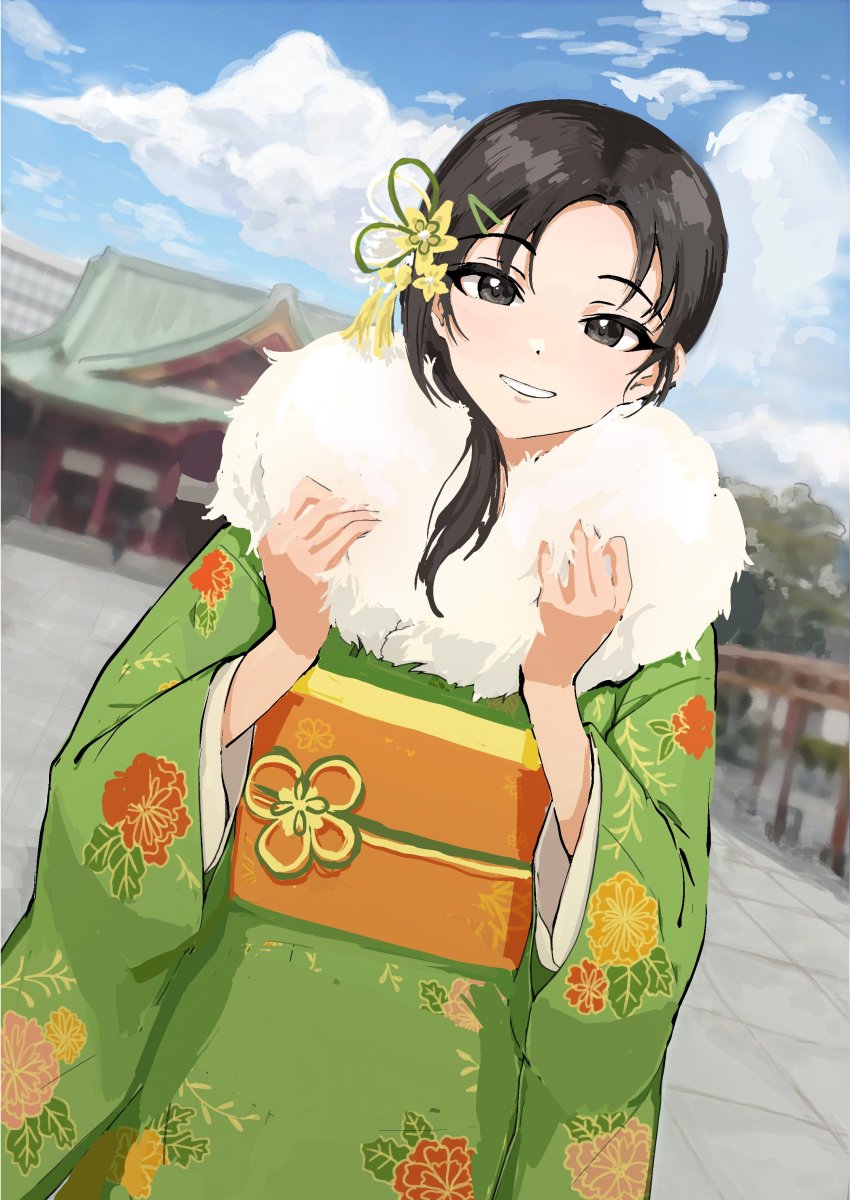 1girl absurdres aoki_kei architecture artist_progress black_hair blue_sky blurry cloud depth_of_field dutch_angle east_asian_architecture floral_print flower fur-trimmed_kimono fur_trim furisode green_kimono hair_flower hair_ornament highres idolmaster idolmaster_cinderella_girls japanese_clothes kimono looking_at_viewer obi outdoors print_kimono redrawn aoki_kei sash shrine side_ponytail sky smile solo stone_walkway trainer_(idolmaster) ushimochi wide_sleeves