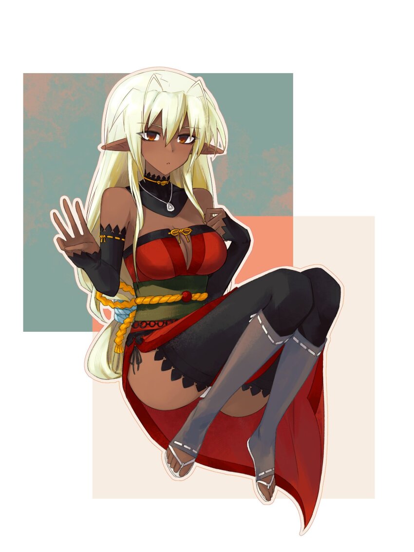 1girl antenna_hair black_sleeves black_thighhighs breasts brown_eyes cleavage cleavage_cutout clothing_cutout dark-skinned_female dark_elf dark_skin detached_collar detached_sleeves dress elf grey_socks hand_on_own_chest highres jewelry kneehighs large_breasts long_hair low-tied_long_hair necklace obi pandemonic_planet_(wmzplanet) parted_lips pointy_ears red_dress rope_around_waist sandals sansei_muramasa sash side_slit socks soukou_akki_muramasa thighhighs thighs upskirt very_long_hair w white_hair white_sandals