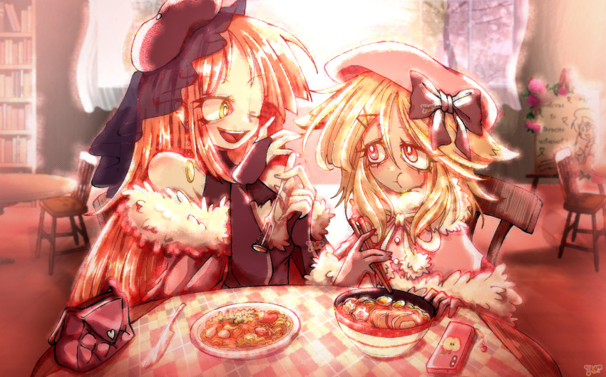2girls ;d animal_ears bag blonde_hair bow bridal_gauntlets cellphone chair chopsticks eating flourishinnin food fork green_eyes hair_ornament hairclip handbag hat hat_bow highres holding holding_chopsticks holding_fork indoors long_hair looking_at_another medium_hair multiple_girls namine_ritsu non-web_source noodles one_eye_closed open_mouth orange_hair ouka_miko phone ramen red_eyes restaurant self-upload sitting smartphone smile table teeth upper_teeth_only utau very_long_hair watermark winter_clothes wolf_ears x_hair_ornament
