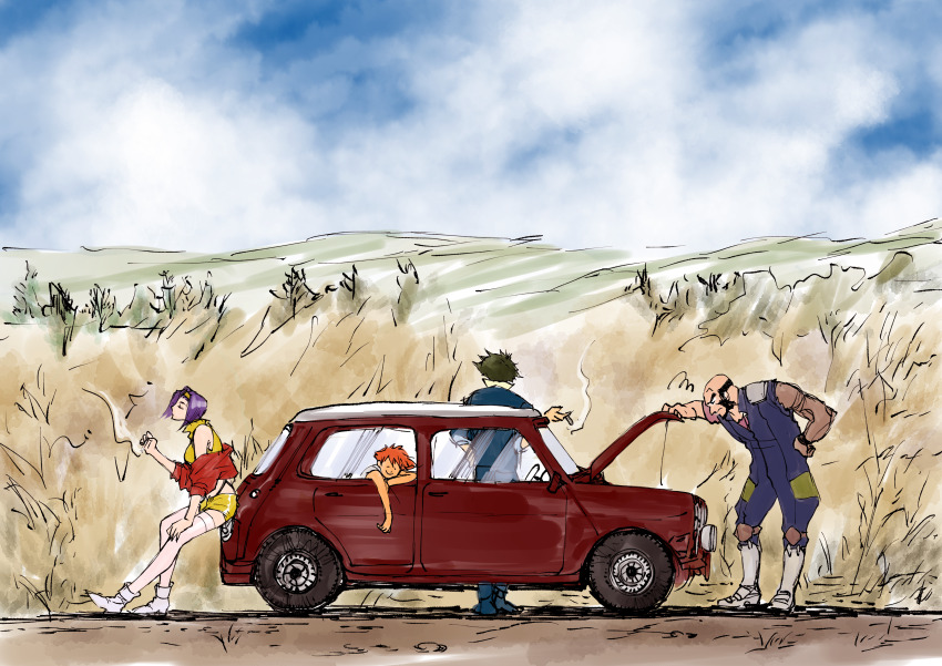 2boys 2girls absurdres bald bare_shoulders beard black_hair black_jumpsuit blue_jacket blue_pants blue_sky broken car cigarette cloud cloudy_sky collared_shirt commentary cowboy_bebop dark-skinned_female dark_skin day dirt_road dog edward_wong_hau_pepelu_tivrusky_iv ein_(cowboy_bebop) facial_hair faye_valentine field from_side full_body hairband highres hill holding holding_cigarette hood hood_up jacket jet_black jumpsuit leaning_against_vehicle mechanical_arms mini_cooper motor_vehicle multiple_boys multiple_girls nap off_shoulder outdoors pants pink_thighhighs popped_collar prosthesis prosthetic_arm purple_hair red_car red_hair red_sweater road scribble shirt short_shorts shorts single_mechanical_arm sky sleeping smoke smoking spike_spiegel spiked_hair standing suit_jacket sweater thighhighs tied_sweater tobalin welsh_corgi white_footwear white_shirt yellow_hairband yellow_shirt yellow_shorts