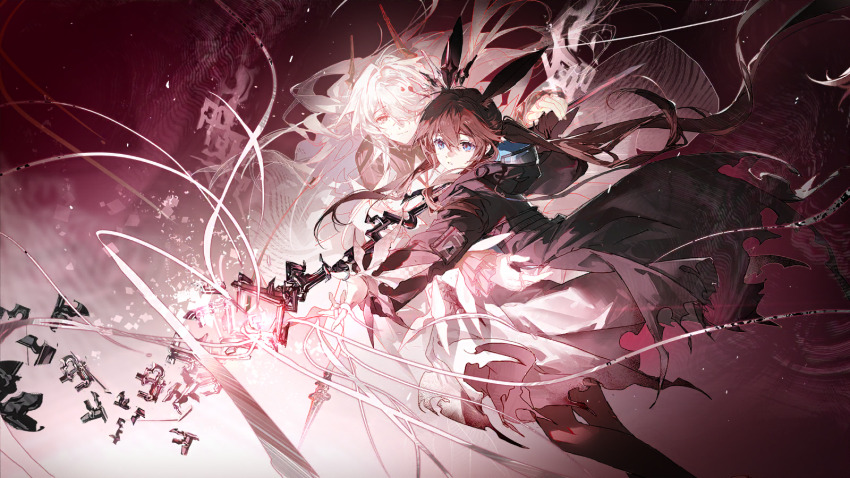 2girls amiya_(arknights) amiya_(medic)_(arknights) animal_ears arknights black_jacket blue_eyes brown_hair burnt_clothes closed_mouth crown dress dutch_angle feet_out_of_frame floating floating_hair game_cg hair_over_one_eye highres holding holding_staff hood hood_down hooded_jacket jacket long_hair long_sleeves looking_at_viewer low_ponytail multiple_girls official_art open_hand outstretched_arm parted_lips ponytail rabbit_ears short_dress smile staff theresa_(arknights) third-party_source very_long_hair white_dress white_hair