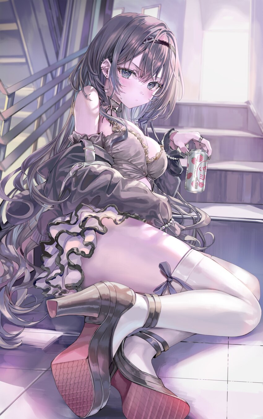 1girl absurdres amane_(momoko) black_hair black_hairband black_nails black_ribbon breasts can cleavage closed_mouth detached_sleeves ear_piercing hair_between_eyes hairband high_heels highres holding holding_can indoors long_hair long_sleeves looking_at_viewer momoko_(momopoco) original piercing ribbon ribbon_legwear skirt solo stairs sweat