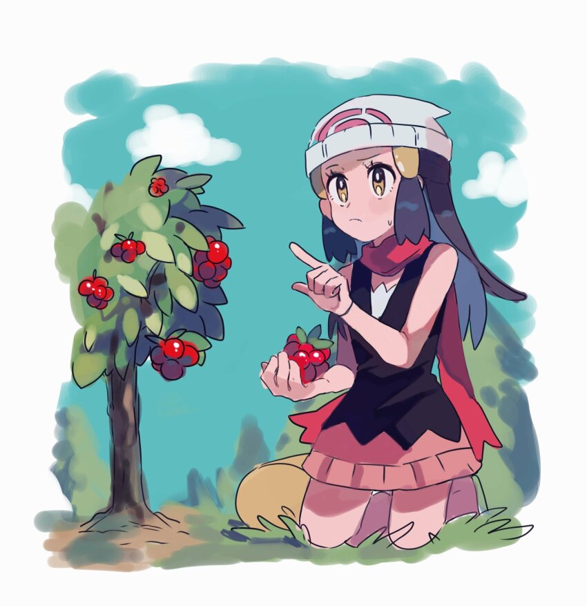 1girl beanie berry_(pokemon) black_shirt blue_hair blue_sky closed_mouth cloud dark_blue_hair dawn_(pokemon) day frown hair_ornament half_updo hat highres kneeling long_hair miniskirt nintendo outdoors pink_skirt pokemon pokemon_dppt razz_berry red_scarf scarf shichibee_(stm_mimi) shirt skirt sky solo tree white_hat yellow_bag yellow_eyes