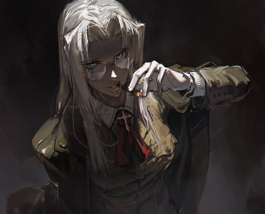 1girl aqua_eyes cigar collar collared_shirt dino_(dinoartforame) glasses gloves green_jacket hellsing highres holding holding_cigar integra_hellsing jacket long_hair looking_at_viewer parted_bangs shirt simple_background smoking solo white_collar white_gloves white_hair