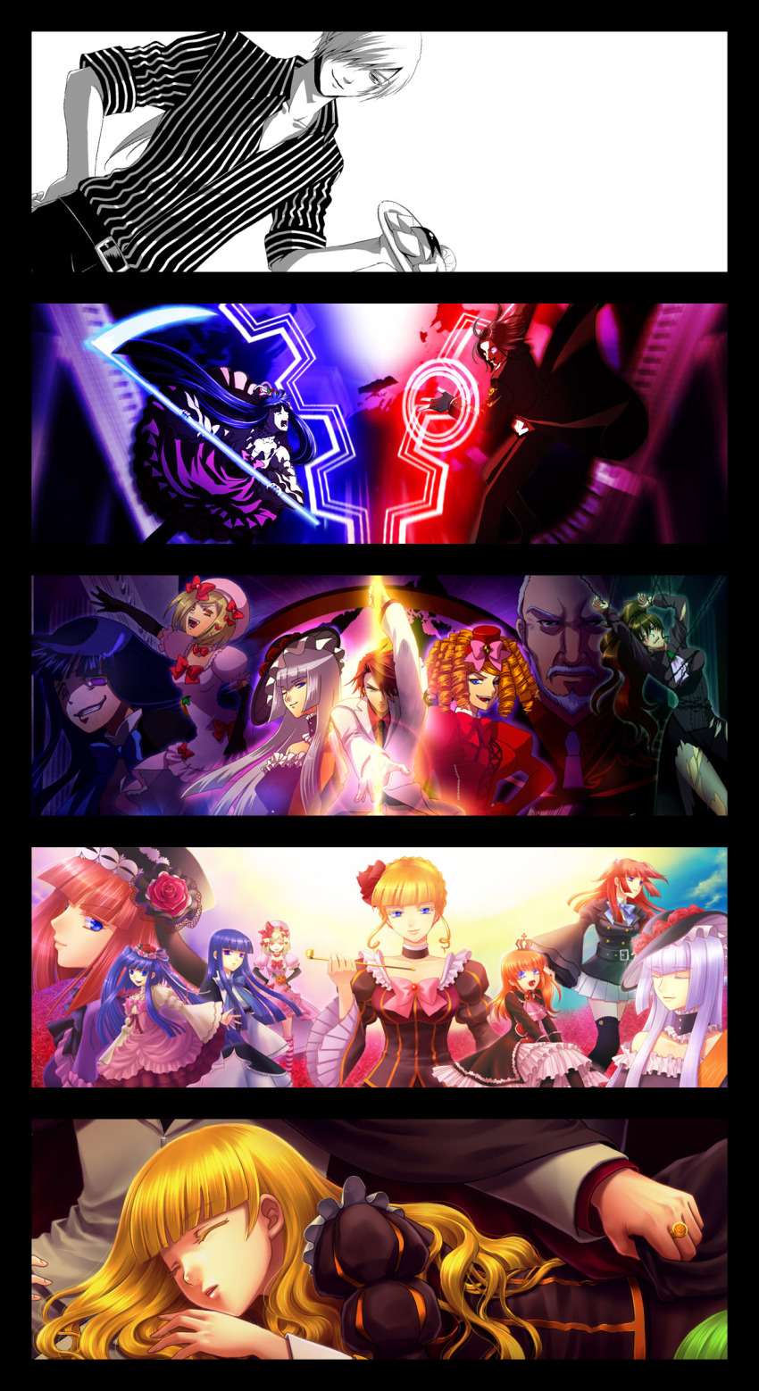 4boys 6+girls amakusa_juuza bad_id bad_pixiv_id beard beatrice_(umineko) blue_eyes blue_hair curly_hair eva_beatrice closed_eyes facial_hair flower frederica_bernkastel furudo_erika gaap_(umineko) grin hair_ornament highres kiseru lambdadelta long_hair maria_(umineko) monocle multiple_boys multiple_girls no_naku_koro_ni_(series) nomo_(16_16) smoking_pipe purple_eyes purple_hair red_eyes red_hair ronove_(umineko) scythe sleeping smile umineko_no_naku_koro_ni ushiromiya_ange ushiromiya_battler ushiromiya_kinzou ushiromiya_maria ushiromiya_natsuhi virgilia_(umineko)