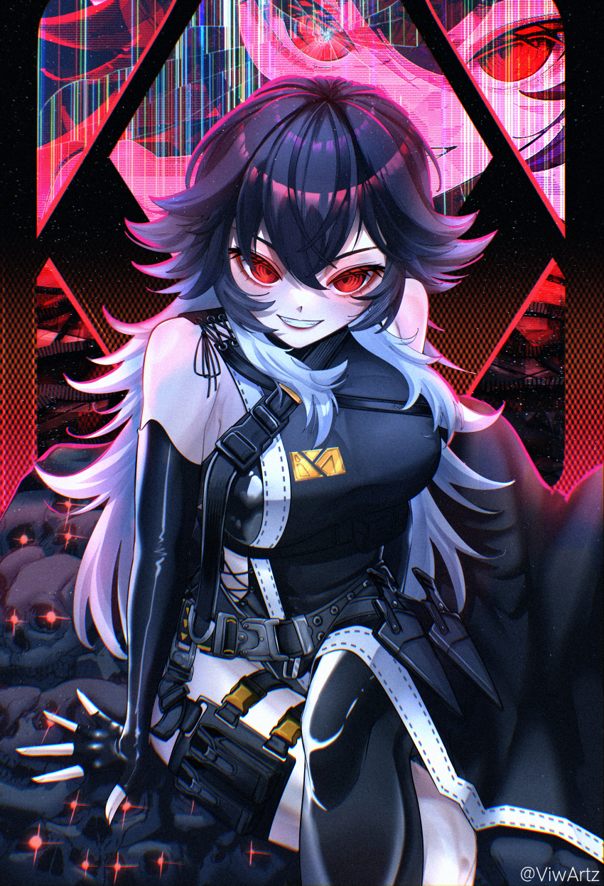 1girl absurdres asymmetrical_clothes bare_shoulders black_gloves black_hair breasts crossed_legs elbow_gloves fingerless_gloves gloves goddess_of_victory:_nikke grin hair_between_eyes highres k_(nikke) large_breasts long_hair multicolored_hair pouch red_eyes single_pantsleg skull smile solo two-tone_hair viw white_hair