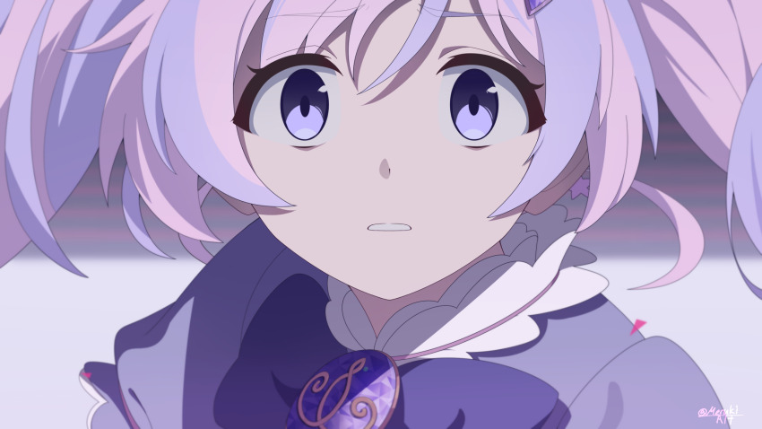 1girl artist_name blue_archive close-up commentary_request highres looking_at_viewer magical_girl medium_hair meruki multicolored_hair official_alternate_costume pink_hair portrait purple_hair reisa_(blue_archive) reisa_(magical)_(blue_archive) scene_reference signature solo surprised twintails