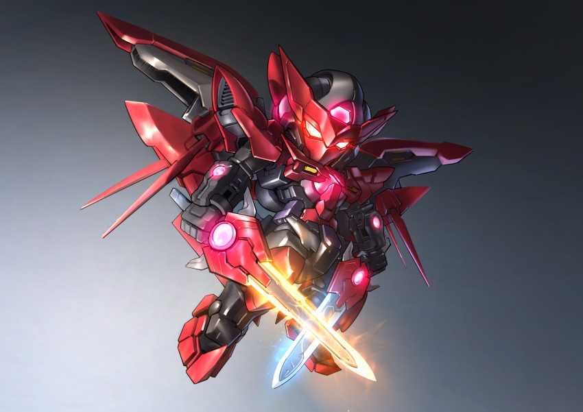 absurdres chibi chinese_commentary commentary_request dual_wielding fire flaming_sword flaming_weapon full_body glowing glowing_eyes gradient_background gundam gundam_build_fighters gundam_exia_dark_matter highres holding holding_sword holding_weapon looking_at_viewer making-of_available mecha mecha_focus mobile_suit no_humans red_eyes robot science_fiction sd_gundam solo sword v-fin weapon zakuma