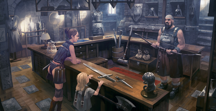 10s 1girl 2015 2boys armor armory axe barrel beard bikini bikini_bottom_only black_hair blonde_hair boots bow_(weapon) box breastplate brown_hair buckle child counter dagger display drawer facial_hair fantasy fur-trimmed_boots fur_trim grin hair_bun hammer headscarf helmet holding holding_weapon indoors knife lamp long_hair looking_at_another mannequin multiple_boys muscular mustache noba open_mouth original profile rug sack shield shirt shop short_hair short_sleeves signature single_hair_bun sleeveless sleeveless_shirt smile standing swimsuit sword unworn_headwear unworn_helmet war_hammer warhammer weapon weapon_rack weapon_shop white_headscarf window wooden_floor wristband