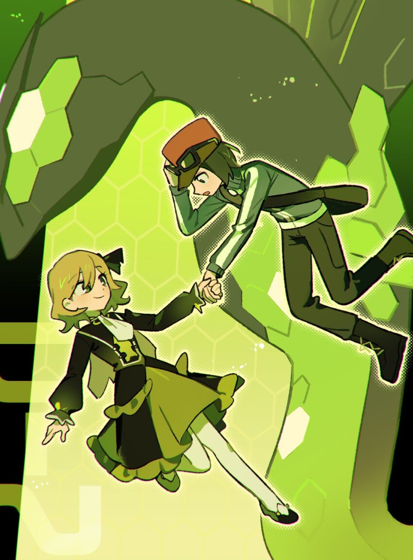 1boy 1brad 1girl ascot bag blonde_hair boots calem_(pokemon) closed_mouth commentary dress eyewear_on_headwear gen_6_pokemon hair_ribbon hat highres holding_hands jacket legendary_pokemon nintendo official_alternate_costume open_mouth pants pantyhose pokemon pokemon_(creature) pokemon_masters_ex pokemon_xy ribbon serena_(pokemon) serena_(sygna_suit)_(pokemon) shoes short_hair shoulder_bag smile sunglasses zygarde zygarde_(50)