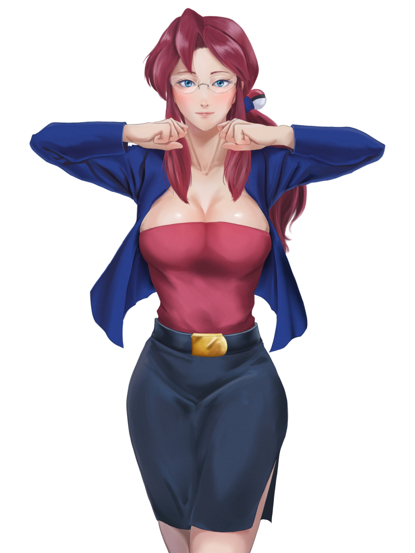 1girl akishima_kujira belt belt_buckle black_belt black_skirt blue_eyes blue_jacket blush breasts buckle cleavage clenched_hands closed_mouth commentary_request eyelashes glasses hands_up highres jacket large_breasts long_hair long_sleeves looking_at_viewer lorelei_(pokemon) mochi_mochi_dance nintendo open_clothes open_jacket pencil_skirt pokemon pokemon_(anime) pokemon_(classic_anime) red_hair shirt side_slit sidelocks simple_background skirt solo strapless strapless_shirt tube_top white_background