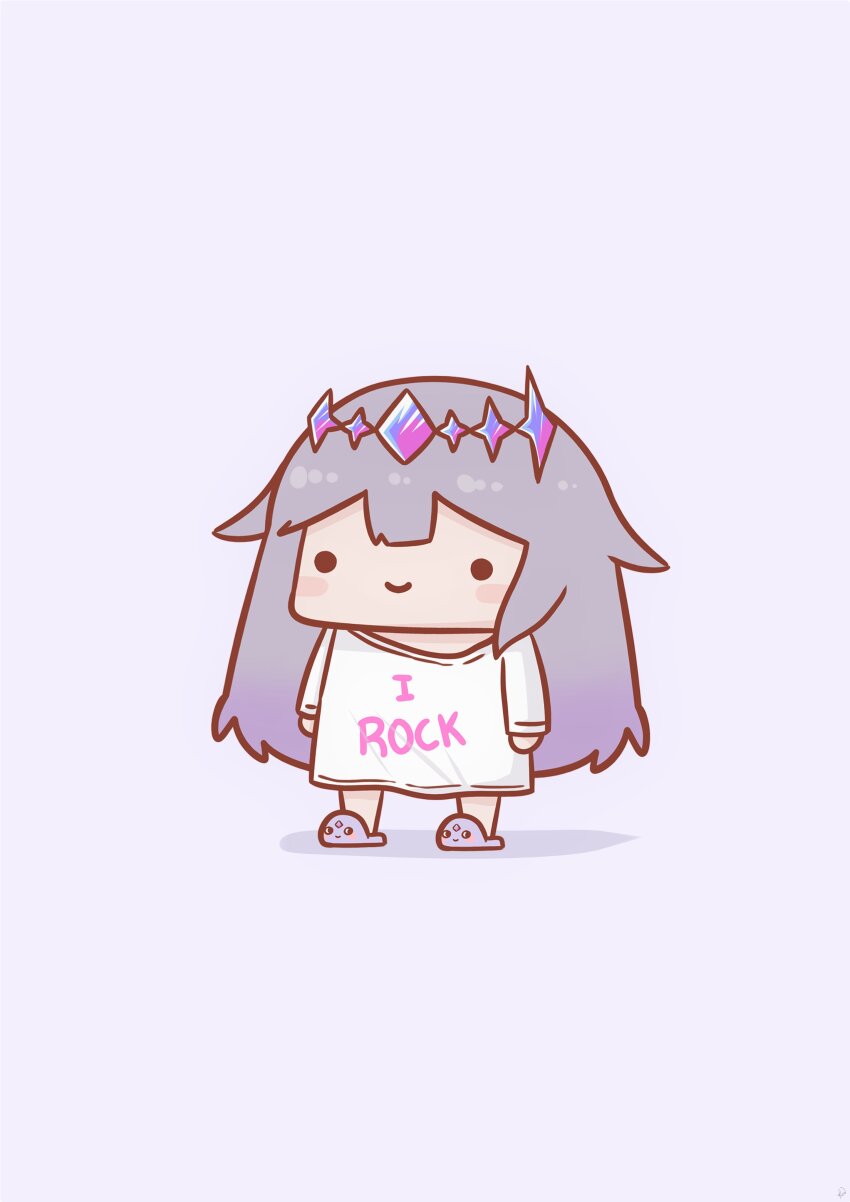 ._. 1girl absurdres animal_slippers blush_stickers c: chibi english_text full_body gem gem_hair_ornament gradient_hair highres hololive hololive_english koseki_bijou long_hair long_sleeves looking_at_viewer multicolored_gemstone multicolored_hair pebble_(koseki_bijou) phdpigeon pink_background print_shirt pun purple_hair shirt simple_background slippers smile solid_circle_eyes solo standing tiara virtual_youtuber white_shirt