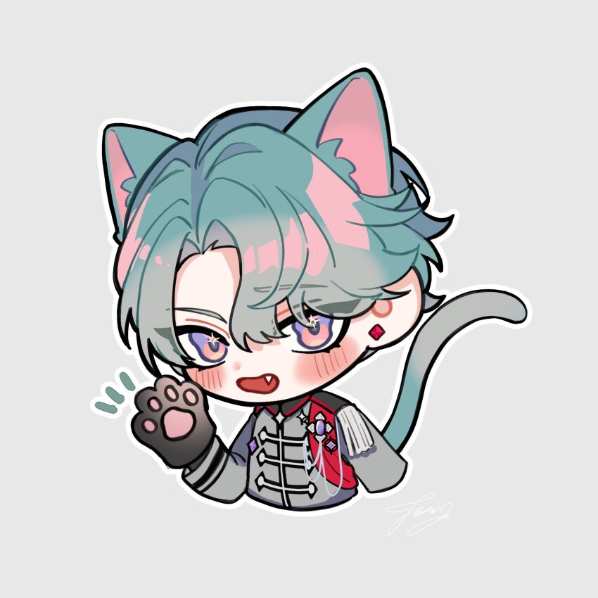 1boy animal_ear_fluff animal_ears animal_hands arm_up blue_hair blush cat_boy cat_ears cat_tail commentary cropped_torso earrings fang freodore_(nijisanji) grey_jacket highres jacket jewelry kemonomimi_mode looking_at_viewer male_focus multicolored_eyes nataneabr nijisanji nijisanji_en open_mouth parted_bangs parted_hair pawpads piercing short_hair signature simple_background solo sparkling_eyes stud_earrings tail tassel virtual_youtuber white_background