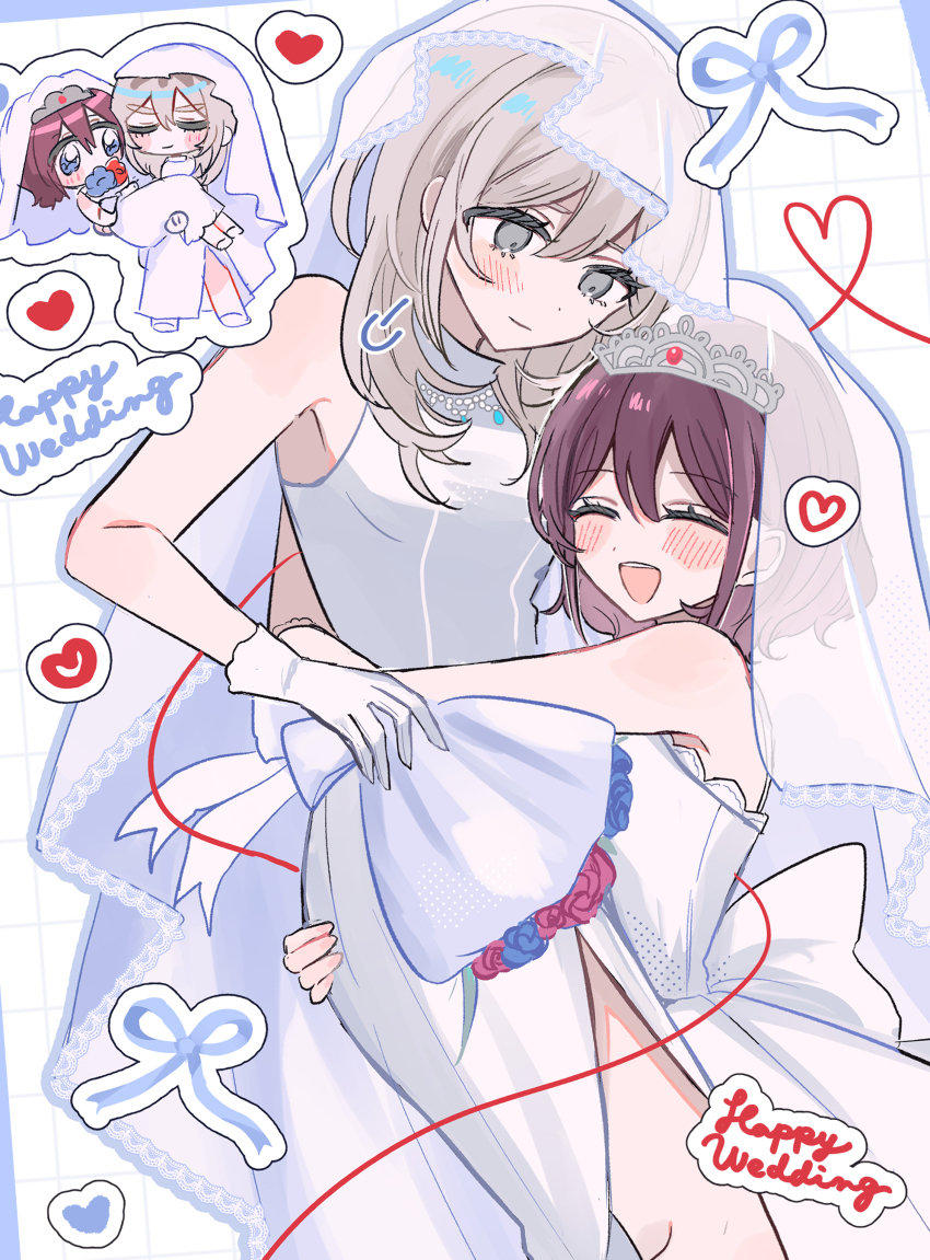2girls absurdres blue_eyes bouquet bridal_veil carrying closed_eyes closed_mouth commentary dress female_focus flower girls_band_cry gloves grey_eyes grey_hair hamchan69 heart highres holding holding_bouquet husband_and_wife iseri_nina kawaragi_momoka multiple_girls open_mouth princess_carry red_flower red_hair red_rose rose see-through_clothes see-through_veil short_hair smile tiara veil wedding_dress white_dress white_gloves wife_and_wife yuri