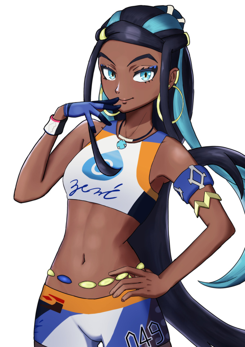 1girl absurdres armlet belly_chain bike_shorts blue_eyes blue_eyeshadow closed_mouth commentary_request cowboy_shot dark-skinned_female dark_skin dynamax_band earclip earrings eyelashes eyeshadow gloves hand_on_own_hip hand_up highres hoop_earrings jewelry long_hair makeup multicolored_hair navel nessa_(pokemon) nintendo ojizouz pokemon pokemon_swsh sidelocks simple_background single_glove smile solo sports_bra two-tone_hair white_background