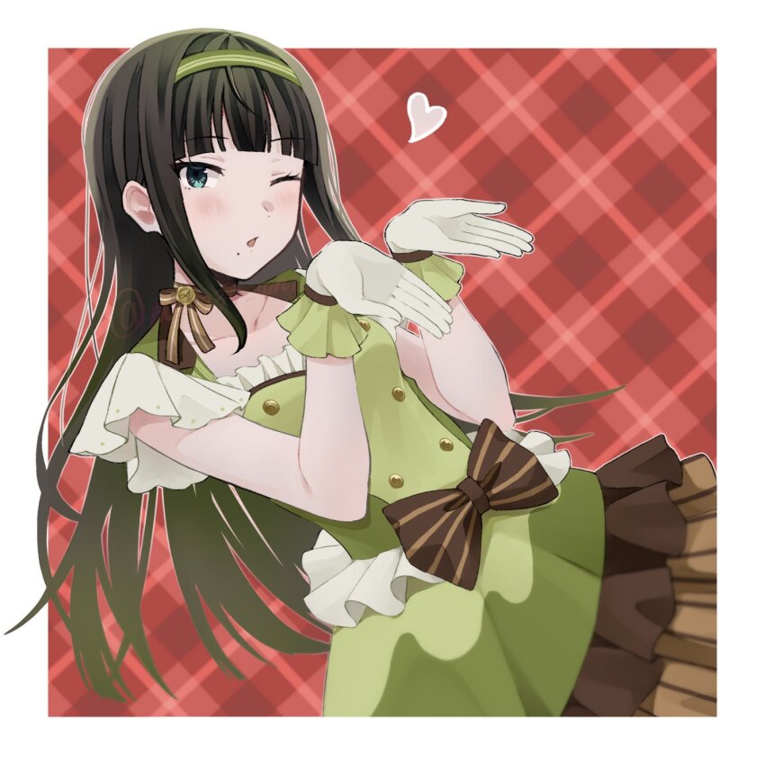 1girl blowing_kiss border bow brown_bow collarbone commentary costume_request cowboy_shot dress dress_bow frilled_dress frilled_gloves frills gloves green_dress green_hairband hairband heart highres kurosawa_dia love_live! love_live!_sunshine!! my_234_wht outside_border pinstripe_bow plaid_background red_background short_sleeves solo white_border white_gloves white_sleeves