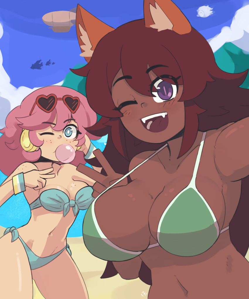 2girls :d absurdres animal_ears beach bikini blue_bikini blue_eyes blush breasts blowing_bubbles chewing_gum cleavage cloud collarbone cowboy_shot dark-skinned_female dark_skin doce eyes_visible_through_hair fangs female_focus fox_ears fox_girl freckles green_bikini heart heart-shaped_eyewear highres large_breasts long_hair looking_at_viewer multiple_girls navel one_eye_closed open_mouth outdoors party_girl_(terraria) pink_hair purple_eyes red_hair selfie smile sunglasses sunglasses_on_head swimsuit teeth terraria tongue v wristband zoologist_(terraria)