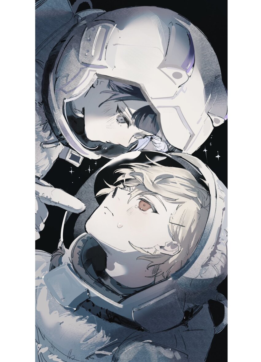18trip 2boys astronaut black_hair blonde_hair border closed_mouth crying grey_eyes hair_behind_ear hair_between_eyes hair_ornament hairclip hand_up helmet highres index_finger_raised kaguya_muneuji kaninoekechan kurama_ushio looking_at_another male_focus multiple_boys red_eyes space space_helmet spacesuit star_(sky) tears white_border