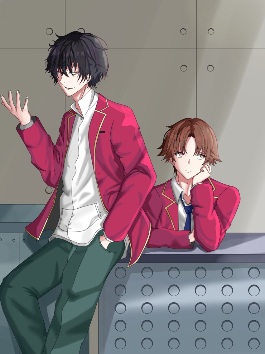 advanced_nurturing_high_school_uniform ayanokouji_kiyotaka black_hair blue_necktie brown_eyes brown_hair classroom closed_mouth collared_shirt desk green_pants hand_in_pocket hand_up highres jacket katagiri_yuuichi long_hair long_sleeves looking_at_viewer looking_to_the_side necktie pants red_eyes red_jacket school_desk school_uniform serious shirt smile tomodachi_game user_knuf2785 white_shirt youkoso_jitsuryoku_shijou_shugi_no_kyoushitsu_e