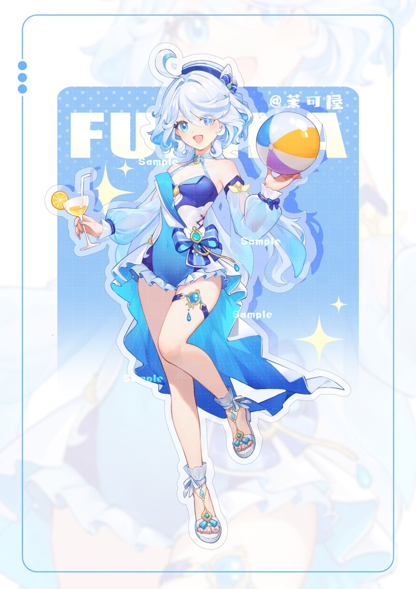 1girl absurdres ahoge alternate_costume ball beachball blue_eyes blue_hair blue_nails bow breasts dafu_zhentan drop-shaped_pupils english_text food fruit full_body furina_(genshin_impact) genshin_impact hair_over_one_eye hat heterochromia highres holding leg_ribbon lemon lemon_slice lemonade looking_at_viewer multicolored_hair nail_polish official_art one-piece_swimsuit open_mouth ribbon sandals smile solo standing swimsuit symbol-shaped_pupils toenail_polish toenails white_hair